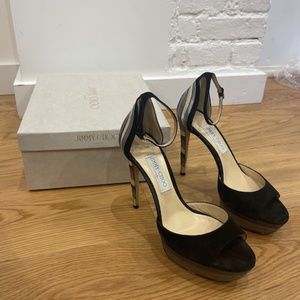 Jimmy Choo Max 120 black suede silver graphic layered platform sandals size 40